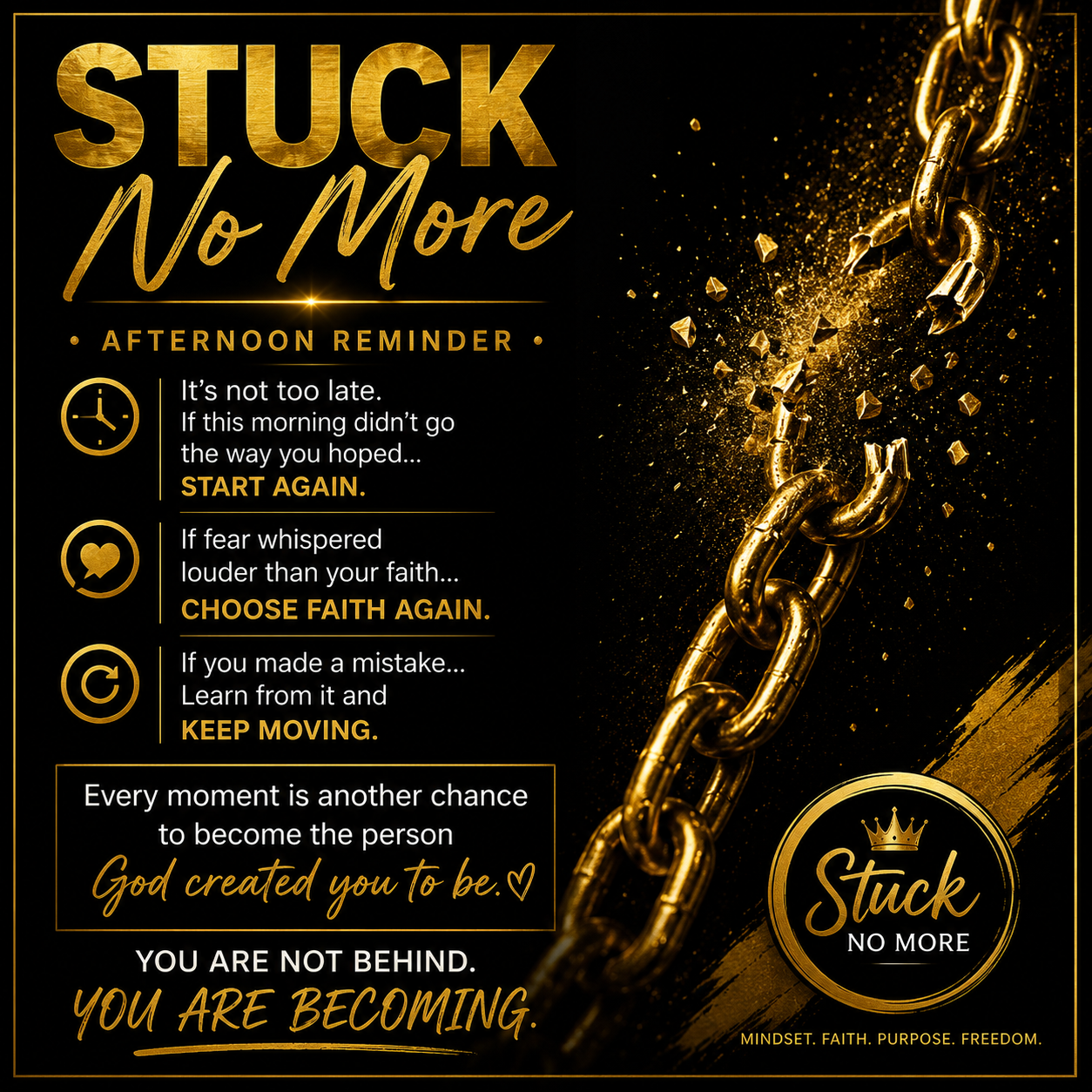 Stuck No More — chains breaking, gold on black